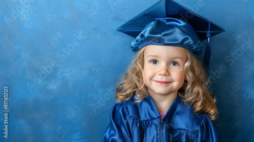  A young girl in a blue graduation gown and cap stands before a blue wall, posing for a photograph