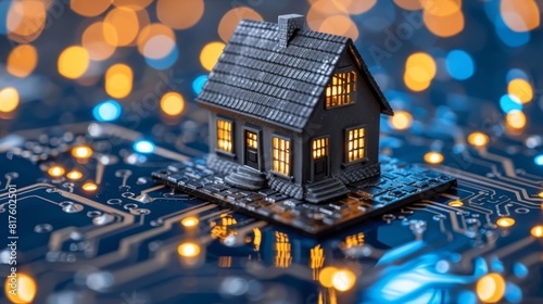  A tiny house atop a circuit board  aglow with lights behind