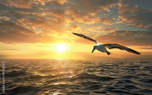 A majestic albatross glides over the ocean with wings fully spread, bathed in the golden light of a setting sun.