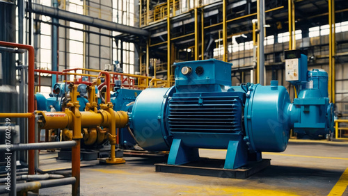Blue industrial water pump with asynchronous electric motor on a dark background