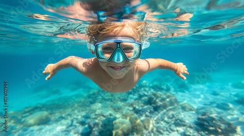  A young boy, wearing a mask and snorkels, swims in the water with arms elevated