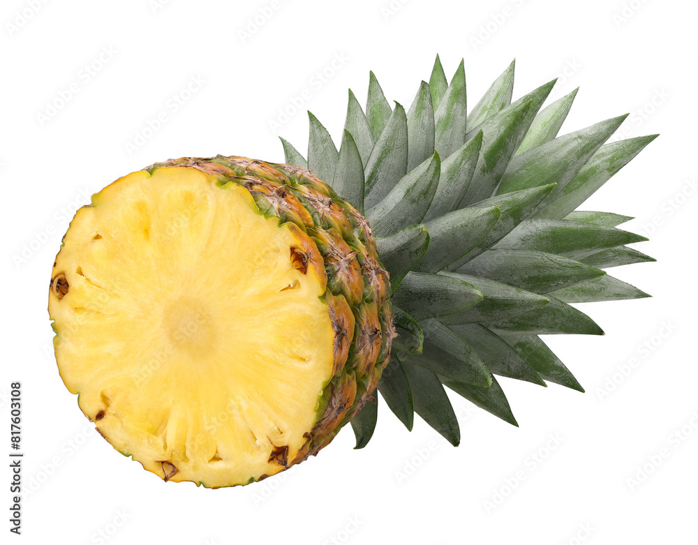 half pineapple fruit with leaves isolated, pineapple fruit macro studio photo, transparent png, PNG format, cut out half pineapple fruit with leaves isolated, pineapple fruit macro studio photo, transparent png, PNG format, cut out