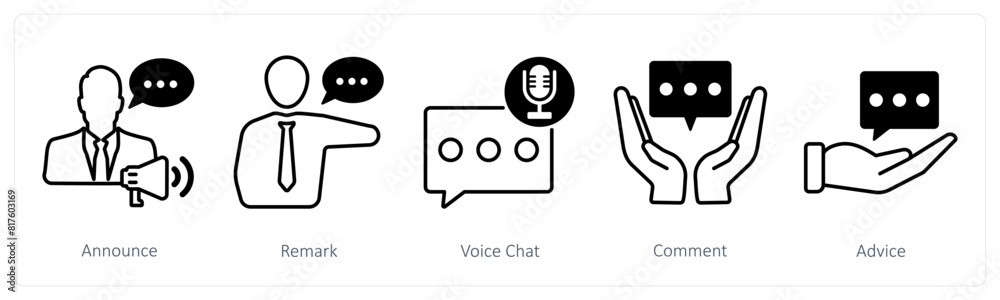 A set of 5 communication icons as announce, remark, video chat A set of 5 communication icons as announce, remark, video chat
