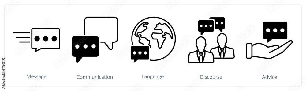 A set of 5 communication icons as message, communication, language A set of 5 communication icons as message, communication, language