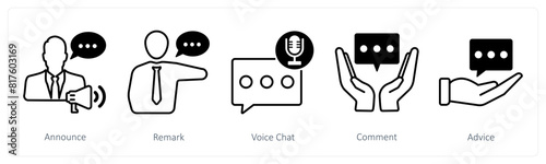 A set of 5 communication icons as announce, remark, video chat