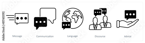A set of 5 communication icons as message, communication, language