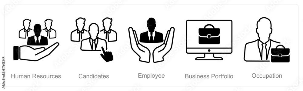 A set of 5 recruitment icons as human resources, candidates, employee A set of 5 recruitment icons as human resources, candidates, employee