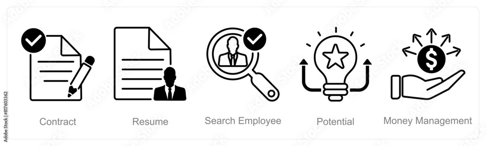 A set of 5 recruitment icons as contract, resume, search employee, potential A set of 5 recruitment icons as contract, resume, search employee, potential