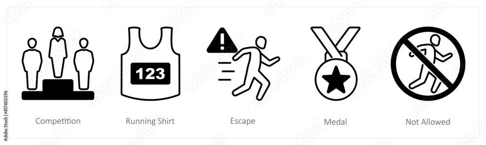 A set of 5 Running icons as competition, running shirt, escape A set of 5 Running icons as competition, running shirt, escape