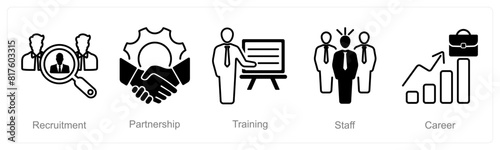 A set of 5 recruitment icons as recruitment, partnership, training