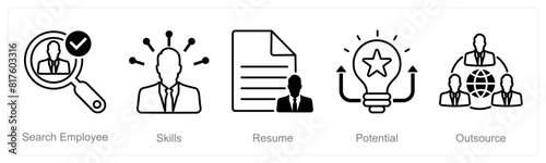 A set of 5 recruitment icons as search employee, skills, resume