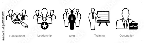 A set of 5 recruitment icons as recruitment, leadership, staff
