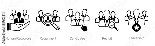 A set of 5 recruitment icons as human resources, recruitment, candidates