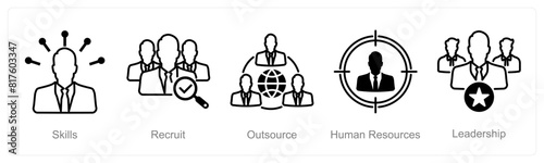 A set of 5 recruitment icons as skills, recruit, outsource