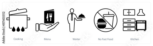 A set of 5 Restaurant icons as cooking, menu, waiter