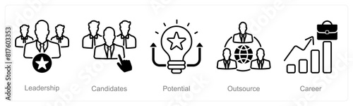 A set of 5 recruitment icons as leadership, candidates, potential