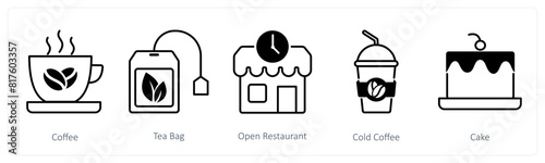A set of 5 Restaurant icons as coffee, tea bag, open reataurant