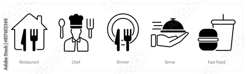 A set of 5 Restaurant icons as restaurant, chef, dinner