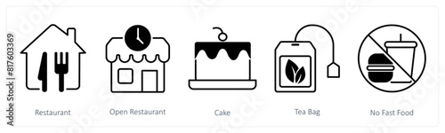 A set of 5 Restaurant icons as restaurant, open restaurant, cake