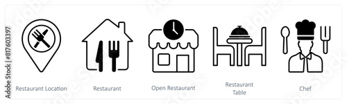 A set of 5 Restaurant icons as restaurant location, restaurant, open restaurant