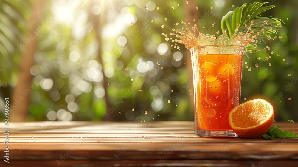  A glass of orange juice on the table, topped with a splash, and a sliced orange nearby