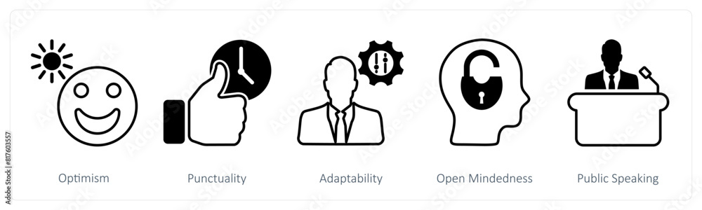 A set of 5 Soft Skills icons as optimism, punctuality, adaptability A set of 5 Soft Skills icons as optimism, punctuality, adaptability