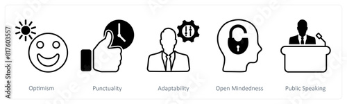 A set of 5 Soft Skills icons as optimism, punctuality, adaptability © popcornarts