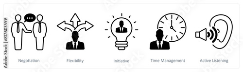 A set of 5 Soft Skills icons as negotiation, flexibility, initiative