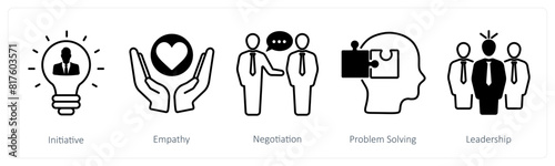 A set of 5 Soft Skills icons as initiative, empathy, negotiation