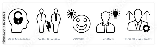 A set of 5 Soft Skills icons as open mindedness, conflict resolution, optimism