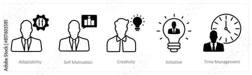 A set of 5 Soft Skills icons as adaptability, self motivation, creativity