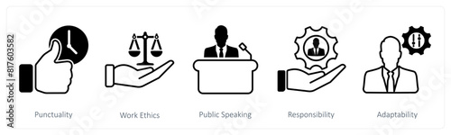 A set of 5 Soft Skills icons as punctuality, work ethics, public speaking