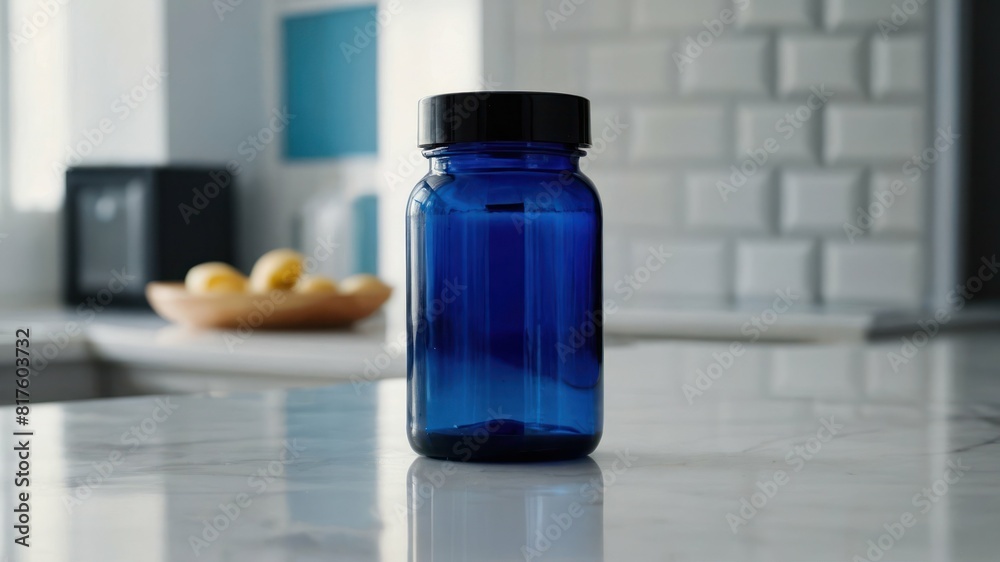 A blue pill bottle resting on a clean white countertop A blue pill bottle resting on a clean white countertop