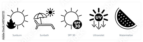 A set of 5 Sun Protection icons as sunburn, sunbath, spf 30