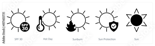 A set of 5 Sun Protection icons as spf 30, hot day, sunburn