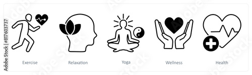 A set of 5 Wellness icons as exercise, relaxation, yoga