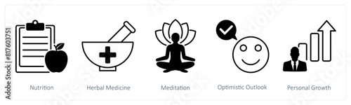 A set of 5 Wellness icons as nutrition, herbal medicine, medidation