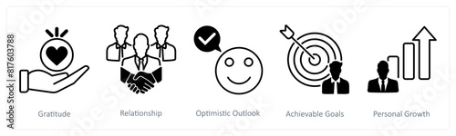 A set of 5 Wellness icons as gratitude, relationship, optimistic outlook