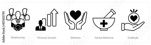 A set of 5 Wellness icons as relationship, personal growth, wellness