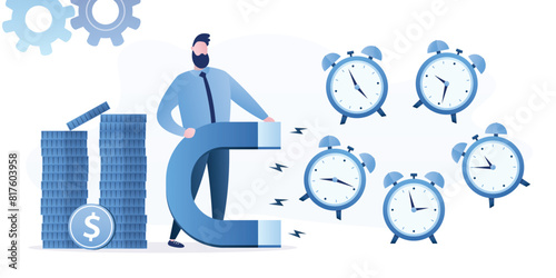 Time management, control business time or work deadline concept, smart businessman uses magnet to magnetize watch or alarm clock. Need more time for making money.