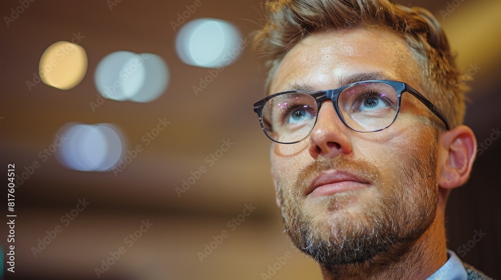 A tight shot of a bearded man in glasses, dressed in a suit jacket and tie, framed against a blurred backdrop A tight shot of a bearded man in glasses, dressed in a suit jacket and tie, framed against a blurred backdrop