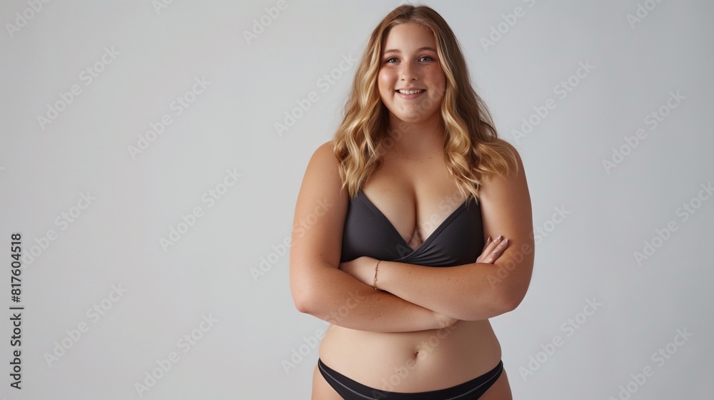 Fototapeta premium Clad in basic lingerie, woman embraces natural curves and individuality on a plain background. Girl's smile, a deep sense of self-acceptance and love, embracing their own unique beauty and body