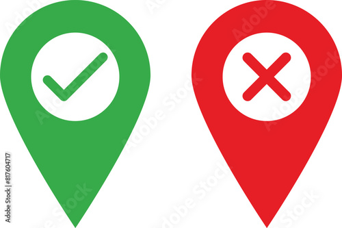 Map pointer with check mark icons isolated on white background . Location icon with checkmark . Vector illustration