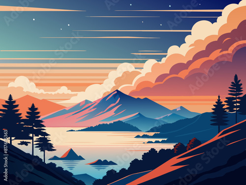 Vector illustration of a painting of a sunset with mountains and clouds