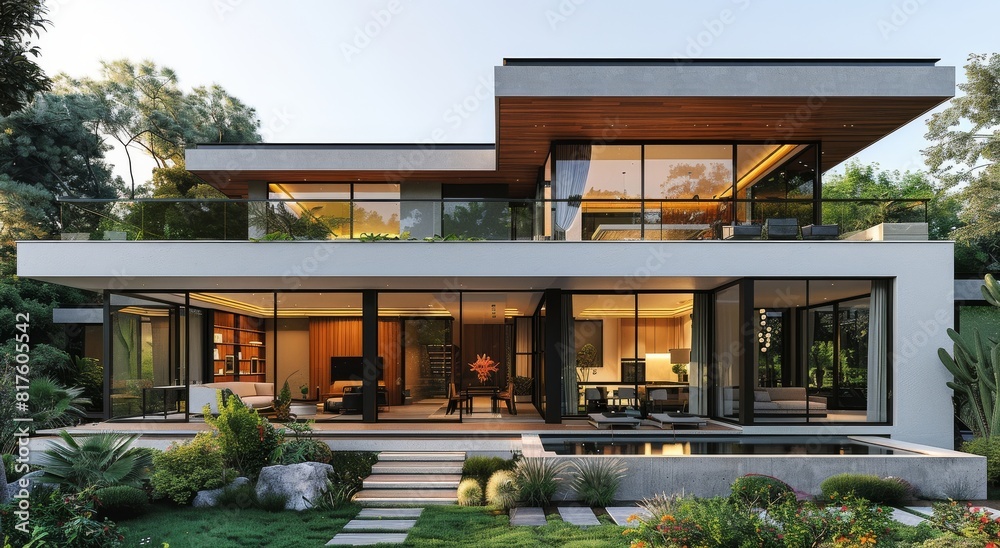 Luxurious modern two-story house with elegant white walls and expansive glass windows surrounded by lush greenery Luxurious modern two-story house with elegant white walls and expansive glass windows surrounded by lush greenery