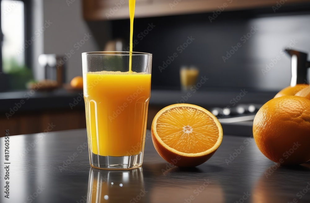 A glass of orange juice on the table against the background of a modern kitchen. Concept of healthy eating, juice production, natural products and citrus fruits A glass of orange juice on the table against the background of a modern kitchen. Concept of healthy eating, juice production, natural products and citrus fruits
