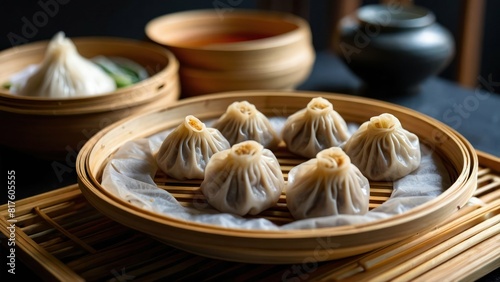 a platter of steamed xiao long bao with garnish in a bamboo basket