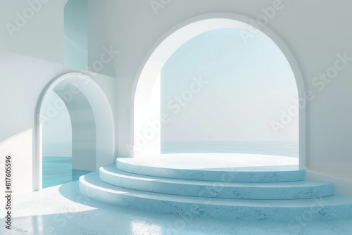 Minimalist 3D white and blue interior design background with an open space © grey