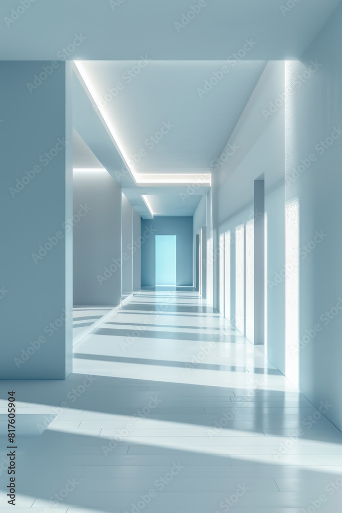 Fototapeta premium Minimalist 3D white and blue interior design background with an open space