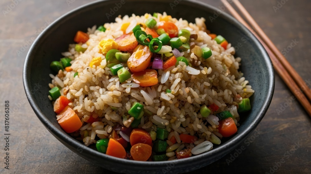 A bowl of fragrant fried rice with colorful vegetables on a rustic table A bowl of fragrant fried rice with colorful vegetables on a rustic table